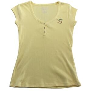VTG Y2K Fashion Bug Butter Yellow Babydoll Tee with Rhinestone Cherries, Size S